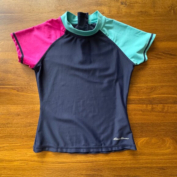 EDDIE BAUER Color Block RashGuard Swim Set Girls 7-8 S Small Top Striped Shorts - Picture 2 of 14